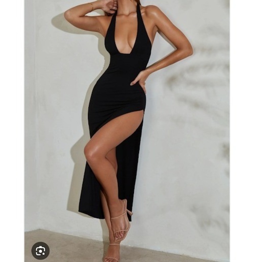 Oh Polly Mei High Split Halter Neck Maxi Dress Black Size 14 Stretch‎ Modal NEW
